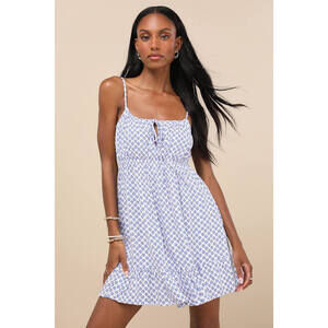 Lulus Grecian Getaway Blue And White Print Mini Dress - Size S